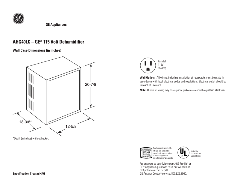 Page 1 de la notice Fiche technique GE AHG40LC