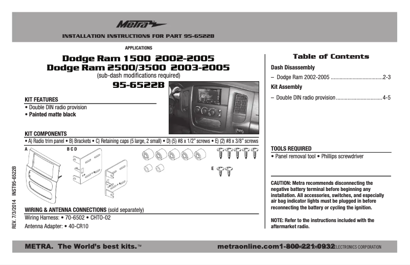 Página 1 del manual Guía de instalación Metra 95-6522B