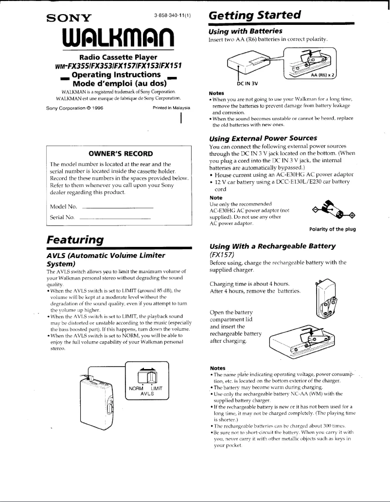 Image de la première page du manuel de l'appareil Walkman WM-FX153