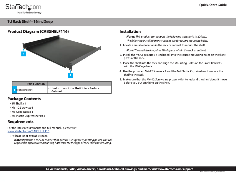 Page n°1 - Manuel utilisateur StarTech.com CABSHELF116