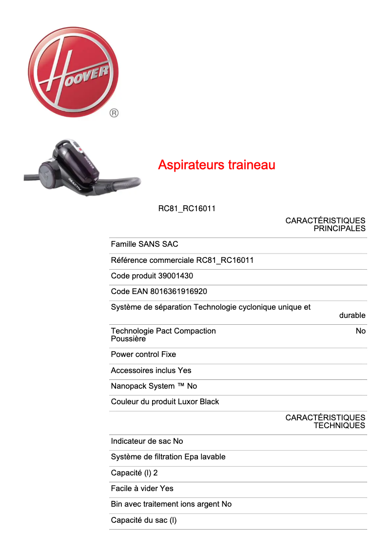 Page n°1 - Fiche technique Hoover Reactiv RC81_RC16011