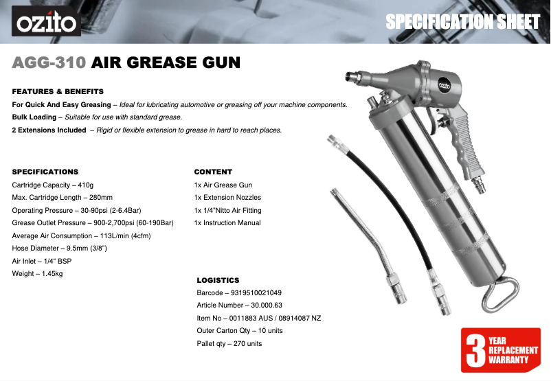 Page n°1 - Fiche technique Ozito AGG-310