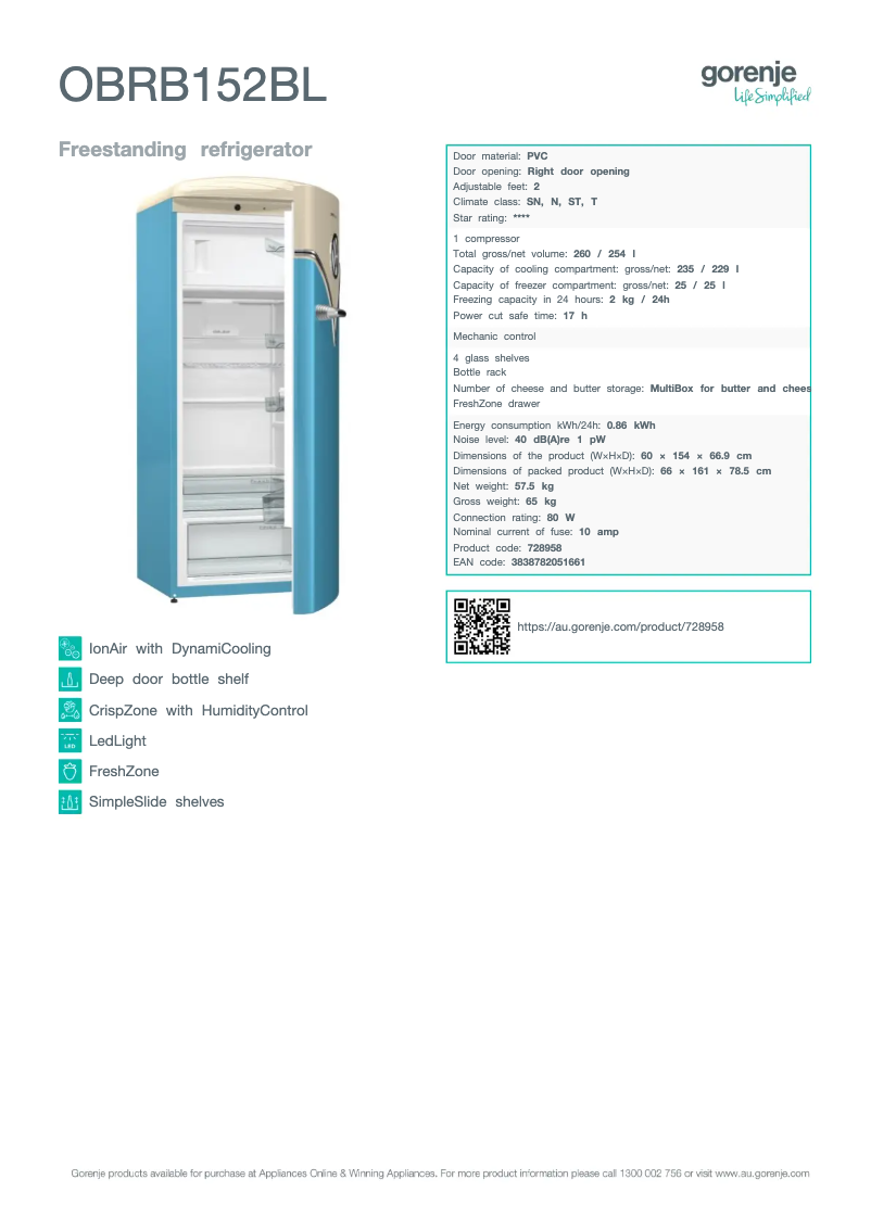 Image de la première page du manuel de l'appareil OBRB152BL
