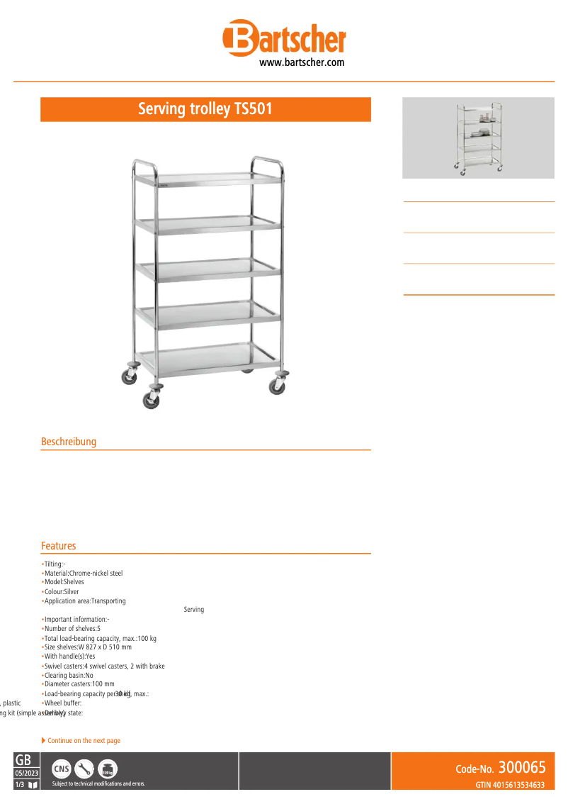 Page 1 de la notice Fiche technique Bartscher TS501