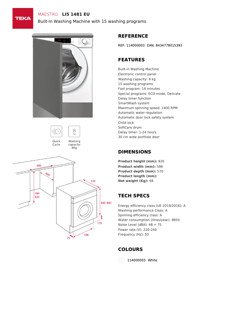 Page n°1 - Fiche technique Teka LI5 1481