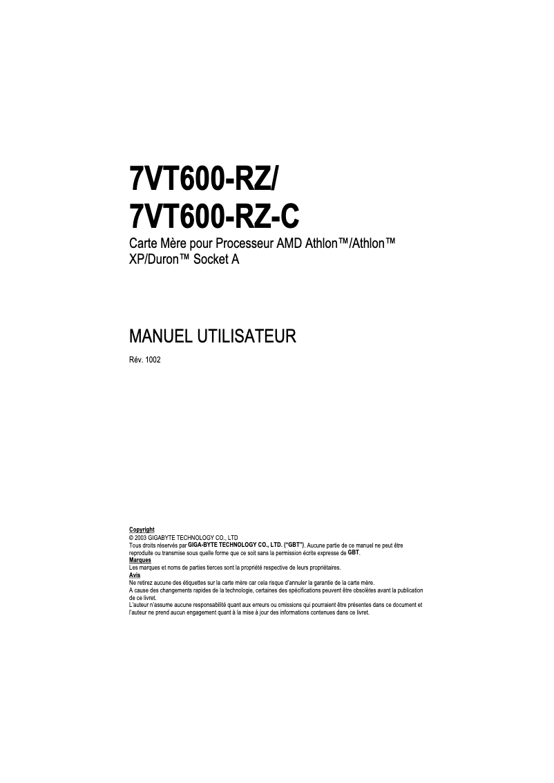 Page n°1 - Manuel utilisateur Gigabyte 7VT600-RZC