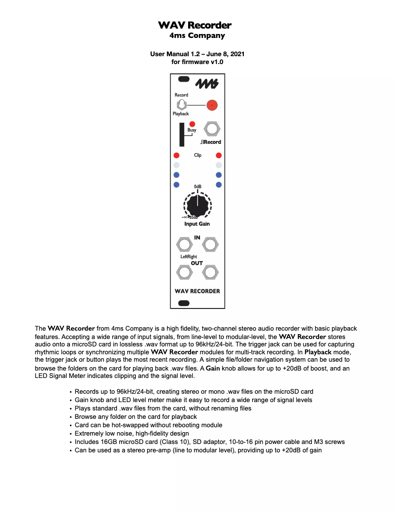 Page n°1 - Manuel utilisateur 4ms WAV Recorder