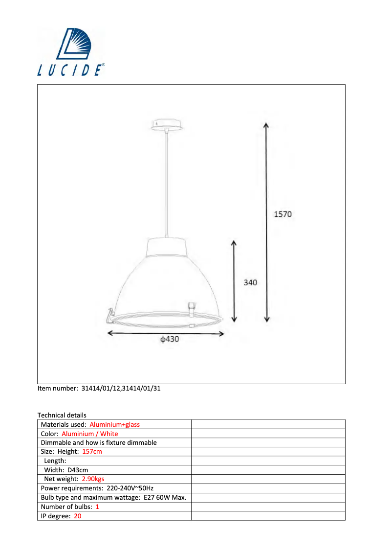 Page 1 de la notice Manuel utilisateur Lucide Industry 31414/01/31