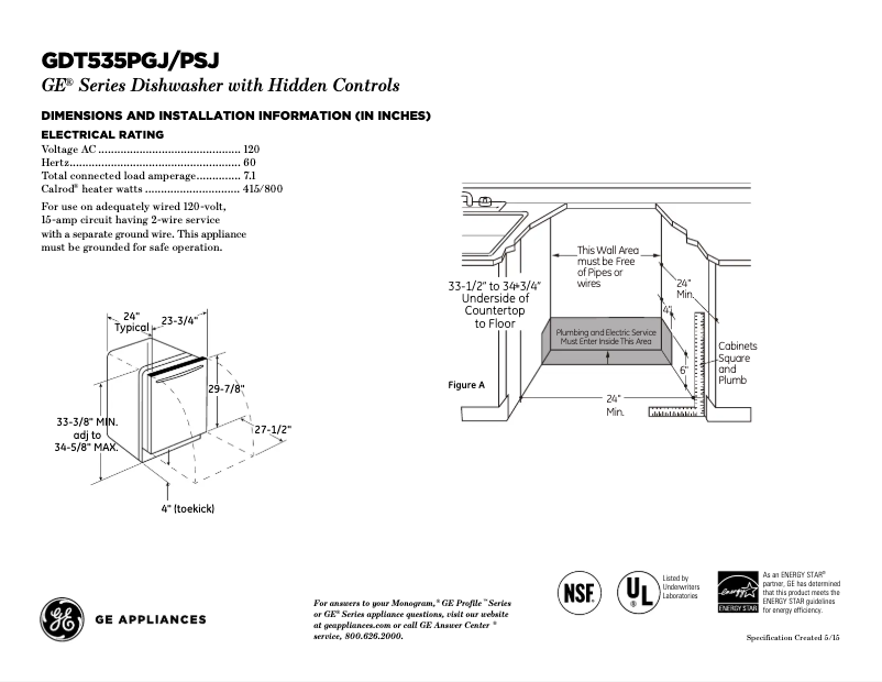 Page n°1 - Fiche technique GE GDT535PSJSS