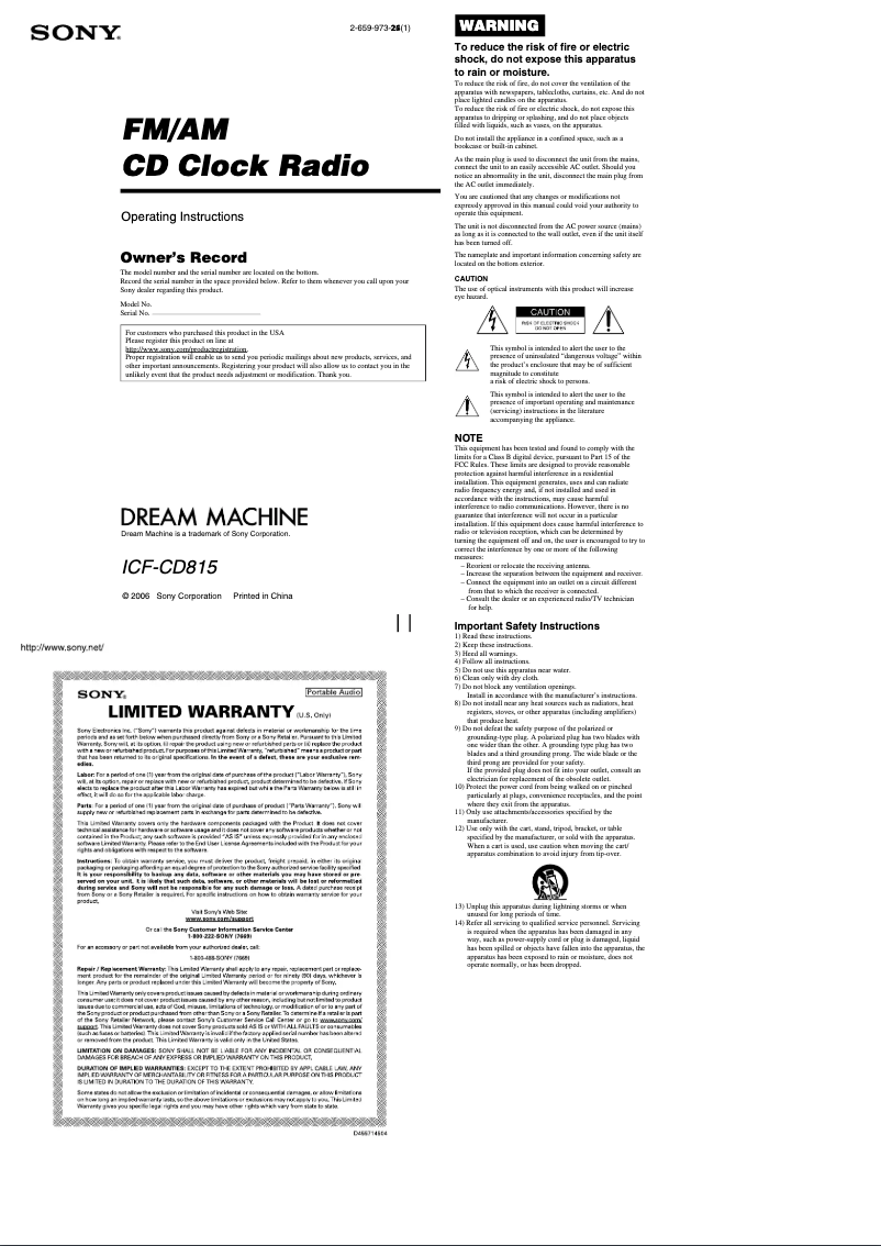 Page n°1 - Manuel utilisateur Sony ICF-CD815