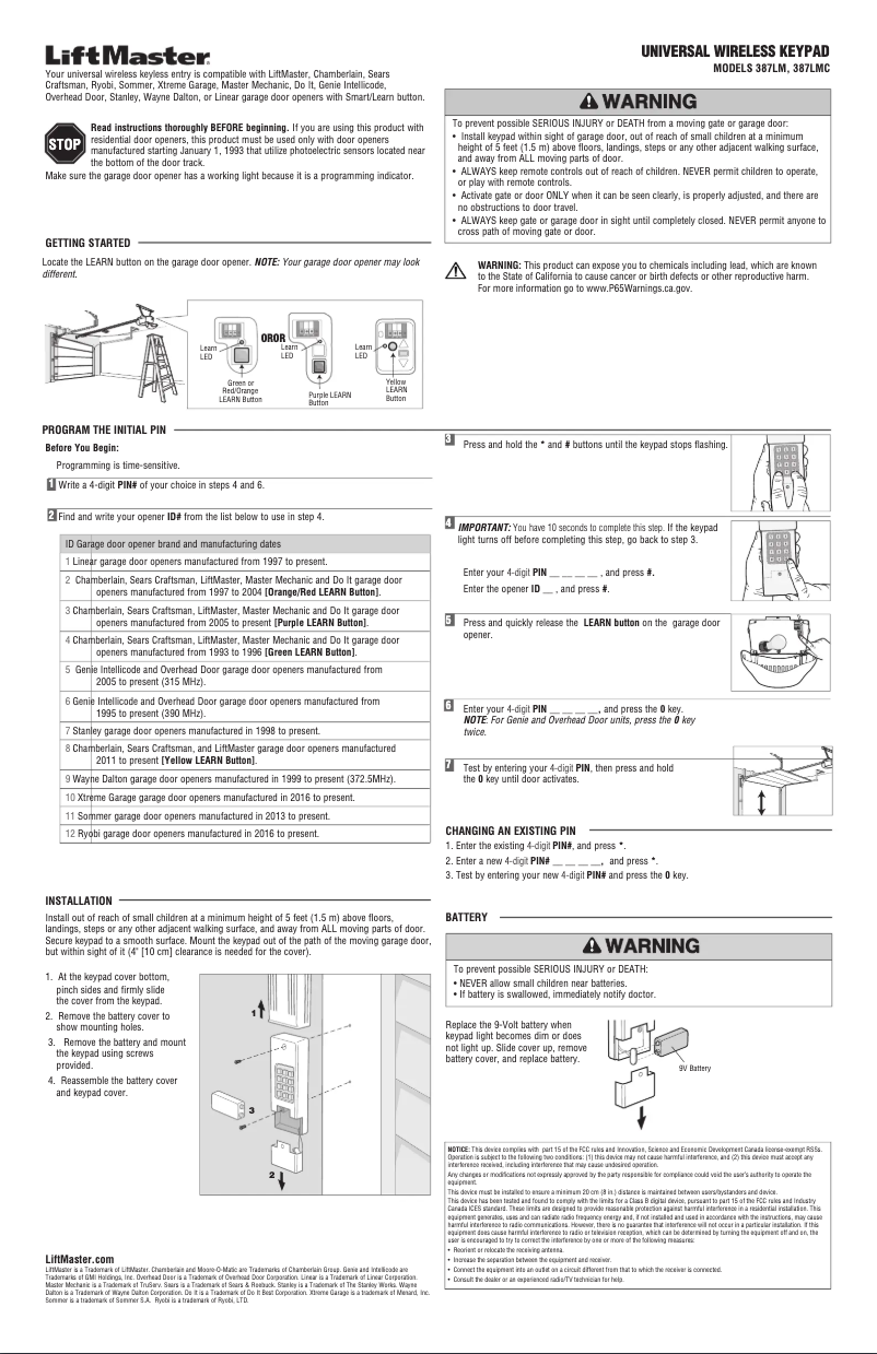 Page 1 de la notice Manuel utilisateur LiftMaster 387LM