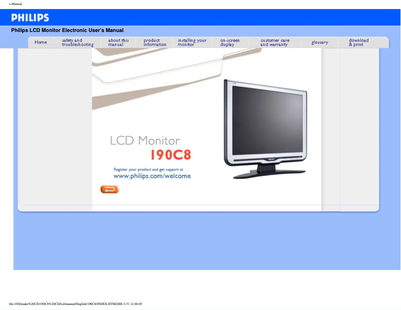 Page 1 de la notice Manuel utilisateur Philips 190C8FS