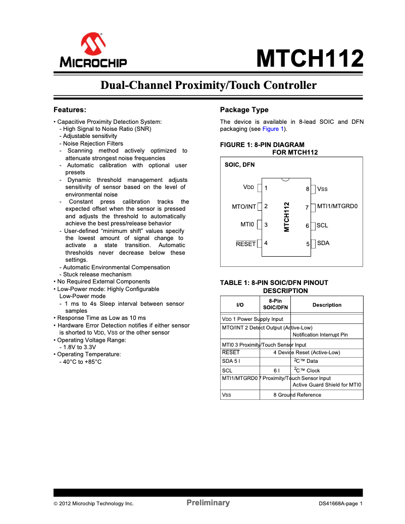 Page 1 de la notice Fiche technique Microchip MTCH112