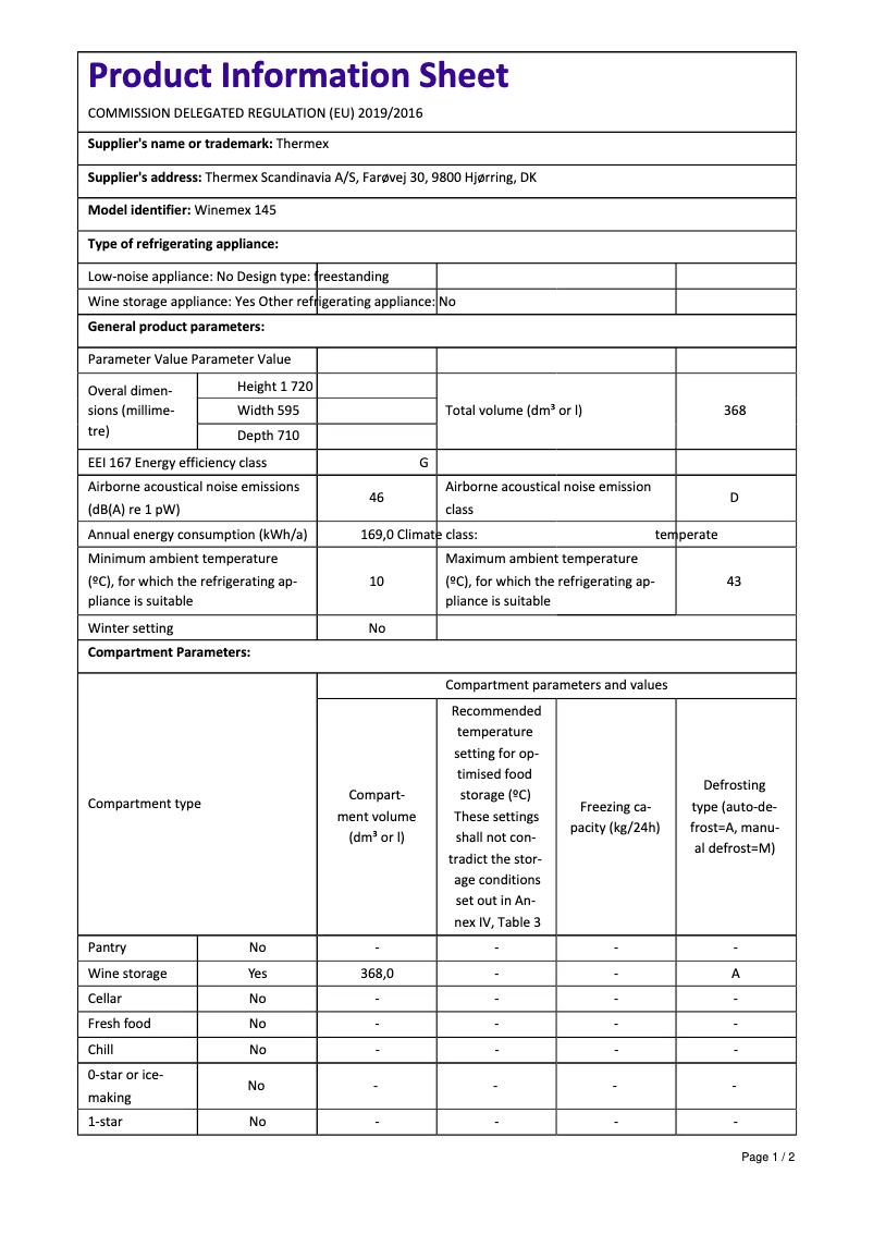 Page 1 de la notice Fiche technique Thermex Winemex 145