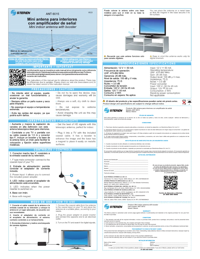 Page 1 de la notice Manuel utilisateur Steren ANT-9015