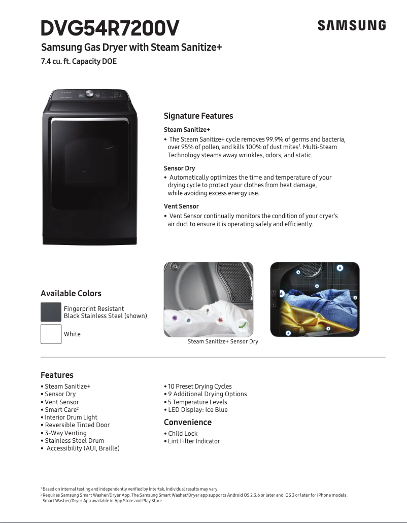 Page 1 de la notice Fiche technique Samsung DVG54R7600V