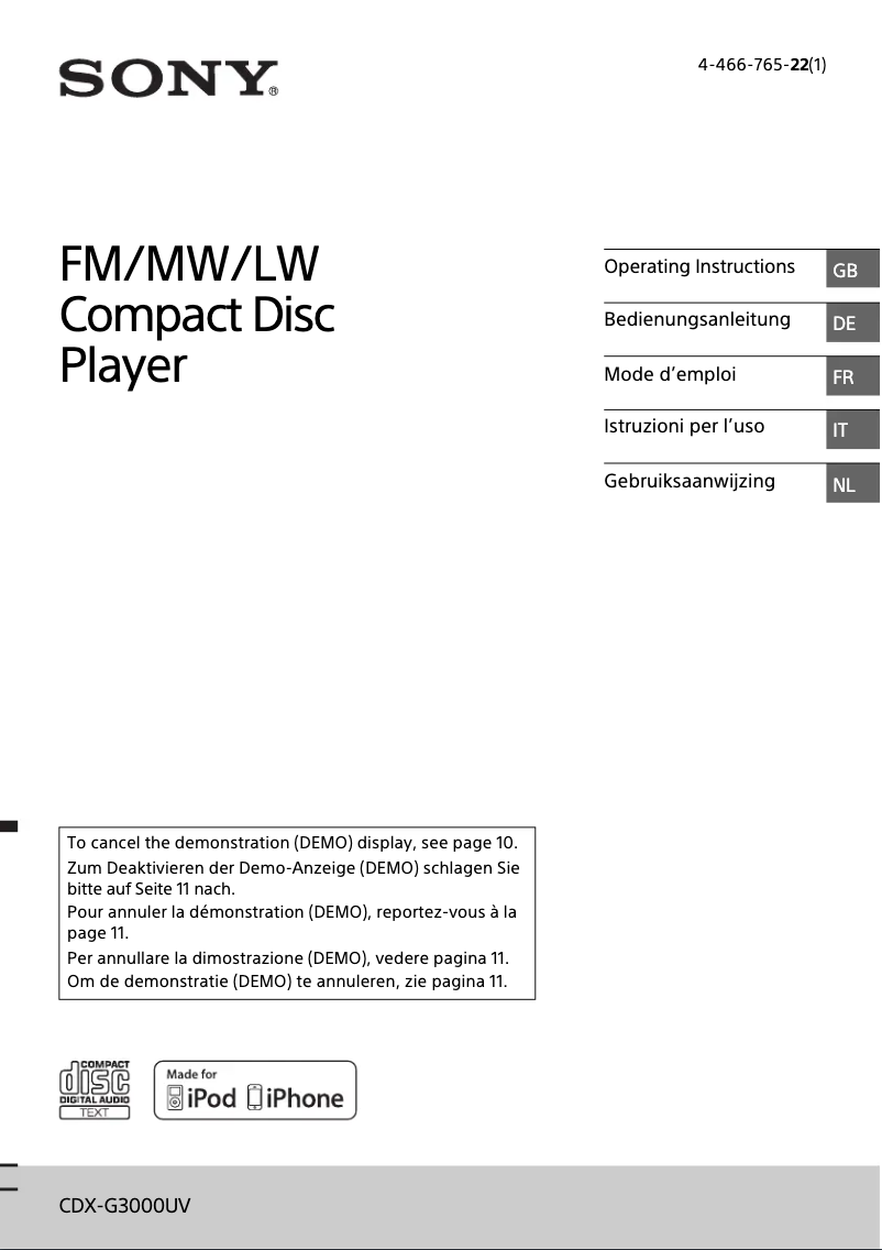 Page 1 de la notice Mode d'emploi Sony CDX-G3000UV