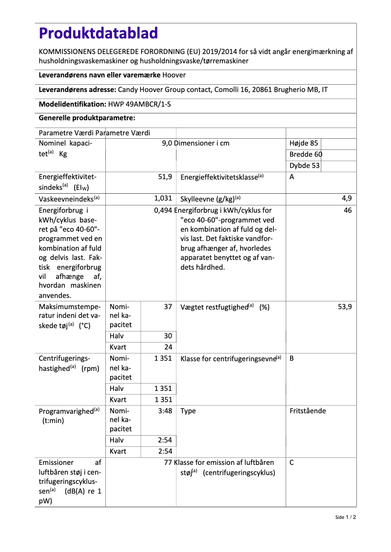 Page 1 de la notice Brochure Hoover HWP 49AMBCR/1-S