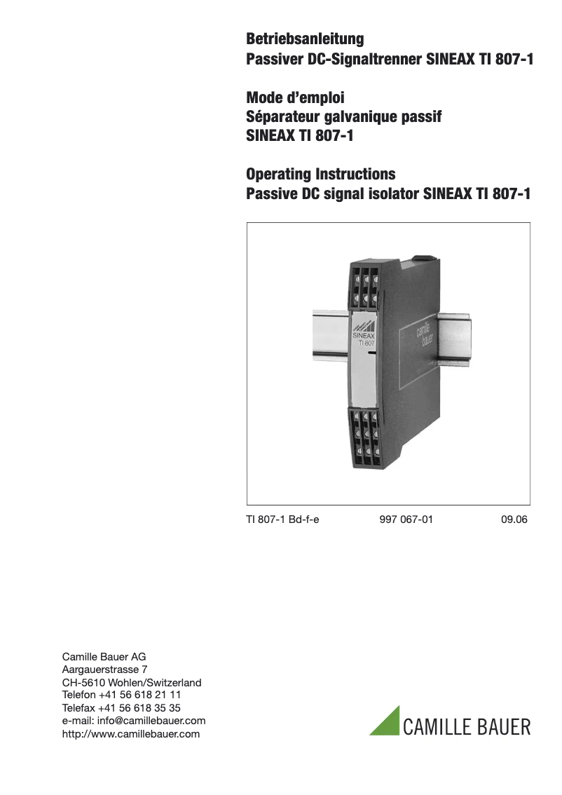 Page 1 de la notice Manuel utilisateur Camille Bauer Sineax Ti807