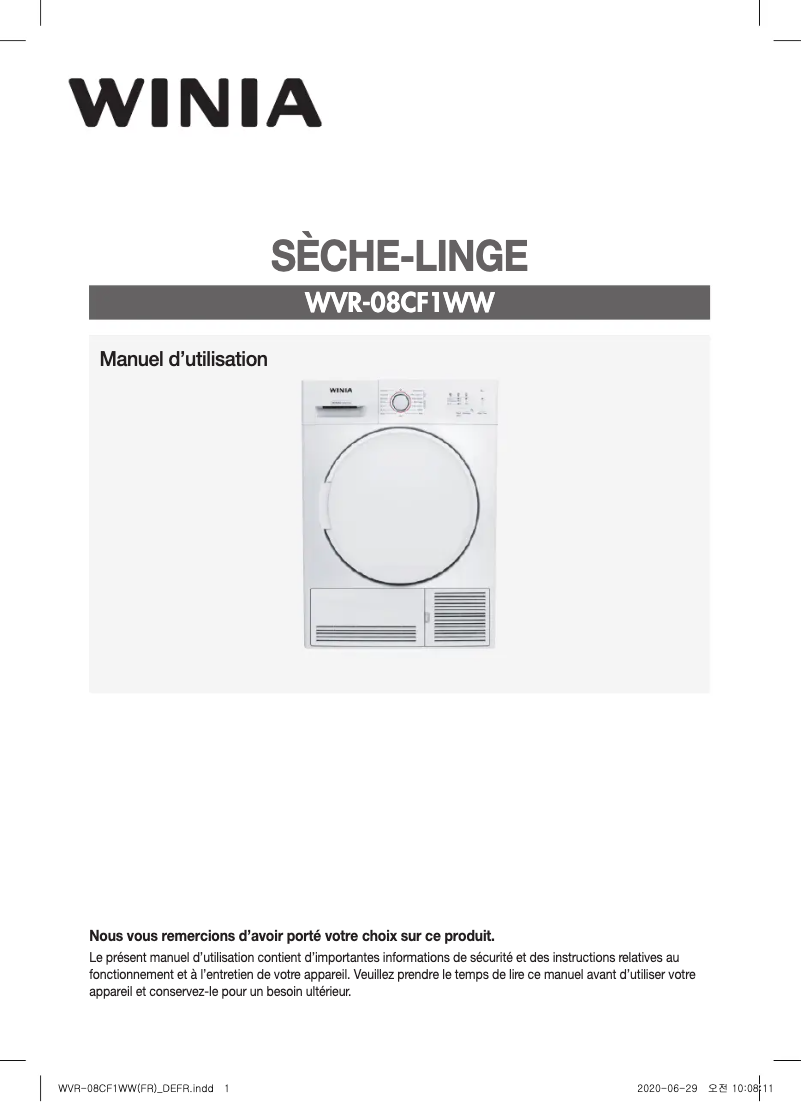 Page 1 de la notice Manuel utilisateur Winia WVR-08CF1WW