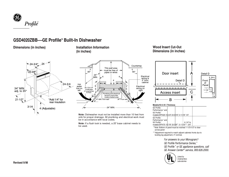 Página 1 del manual Ficha técnica GE Profile GSD4020ZBB