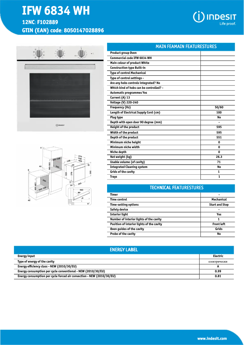 Page n°1 - Fiche technique Indesit IFW 6834 WH