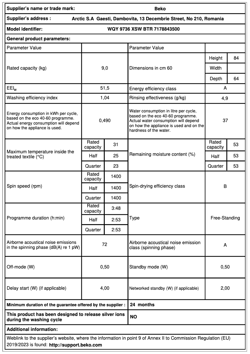Page 1 de la notice Brochure Beko WQY 9736 XSW BTR