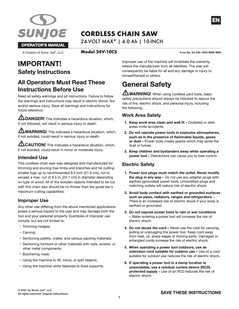 Page 1 de la notice Manuel utilisateur Sun Joe 24V-10CS-CT