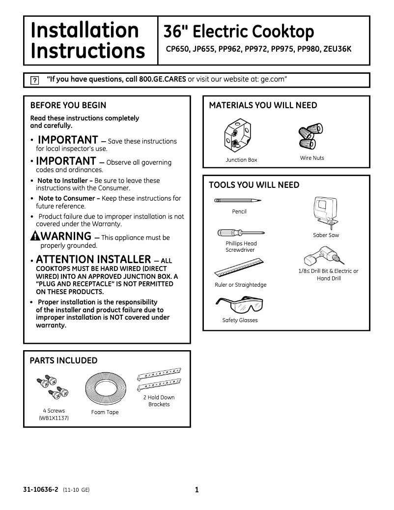 Page 1 de la notice Guide d'installation GE Profile PP972BMBB