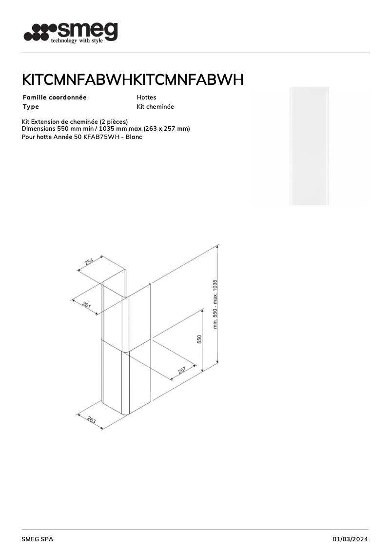 Page 1 de la notice Manuel utilisateur Smeg KITCMNFABWH