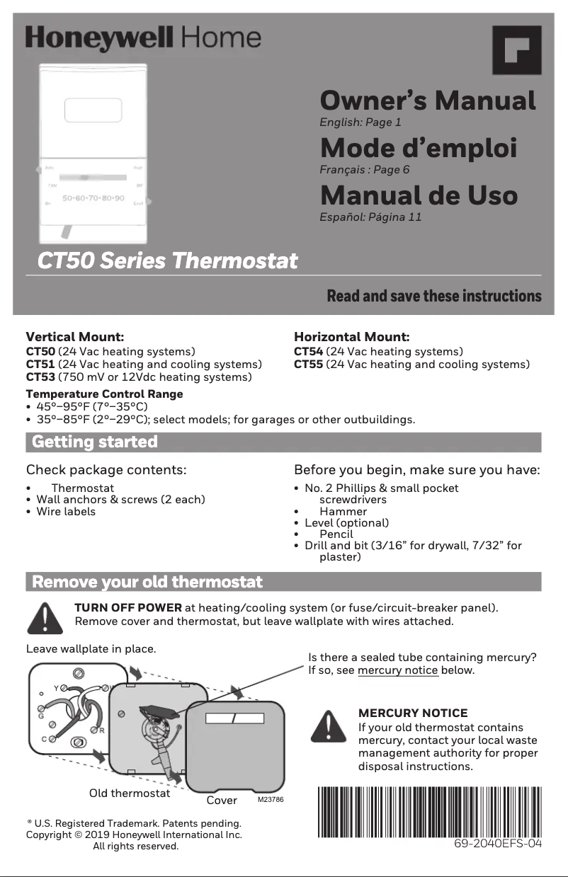 Page n°1 - Manuel utilisateur Honeywell CT53K1006/E1