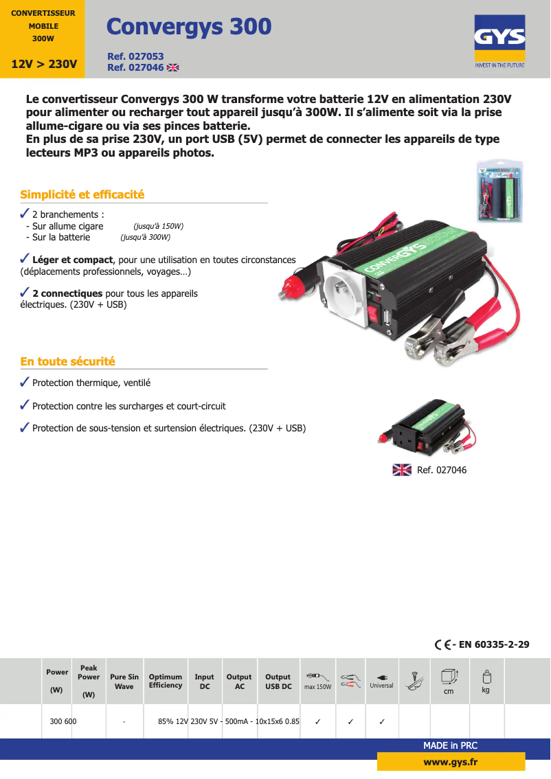Page 1 de la notice Fiche technique GYS Convergys 300