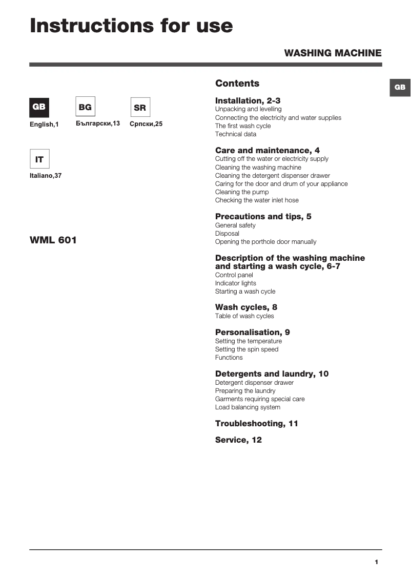 Page n°1 - Manuel utilisateur Hotpoint Ariston WML 601 (EU)