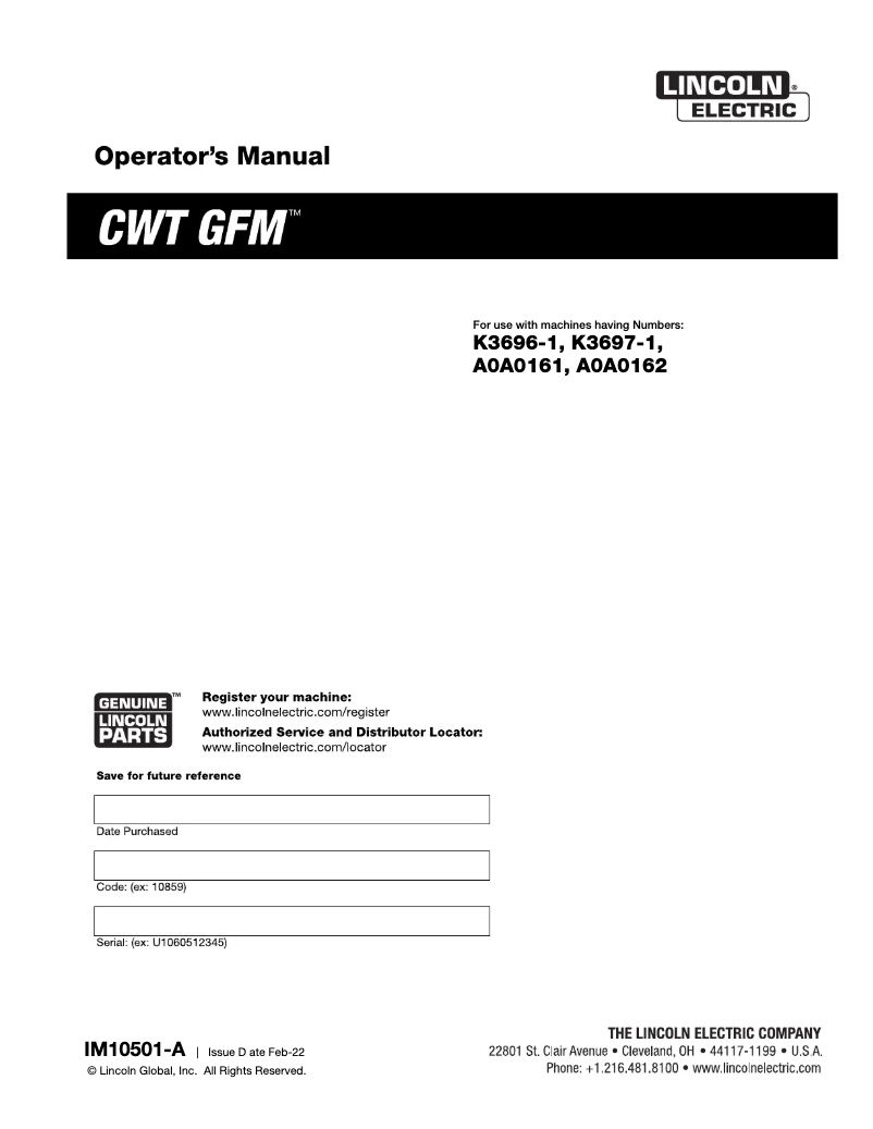 Page 1 de la notice Manuel utilisateur Lincoln Electric CWT GFM