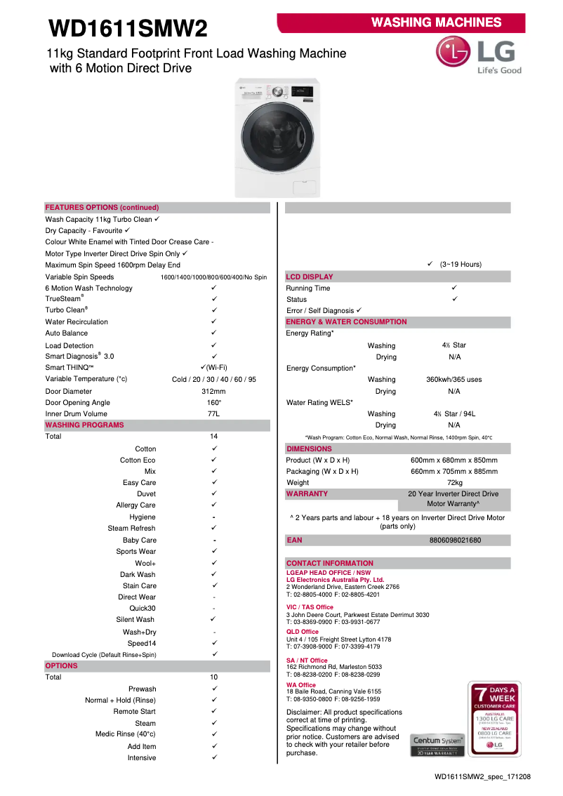 Página 1 del manual Ficha técnica LG WD1611SMW2