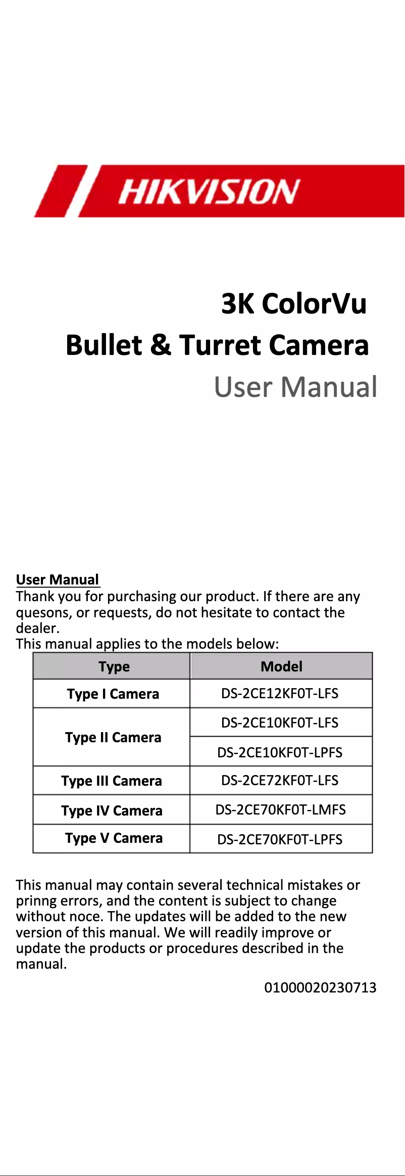 Image de la première page du manuel de l'appareil DS-2CE70KF0T-LPFS
