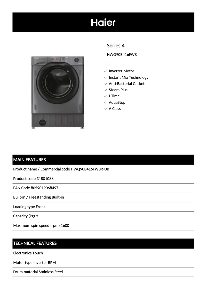 Image de la première page du manuel de l'appareil HWQ90B416FWB