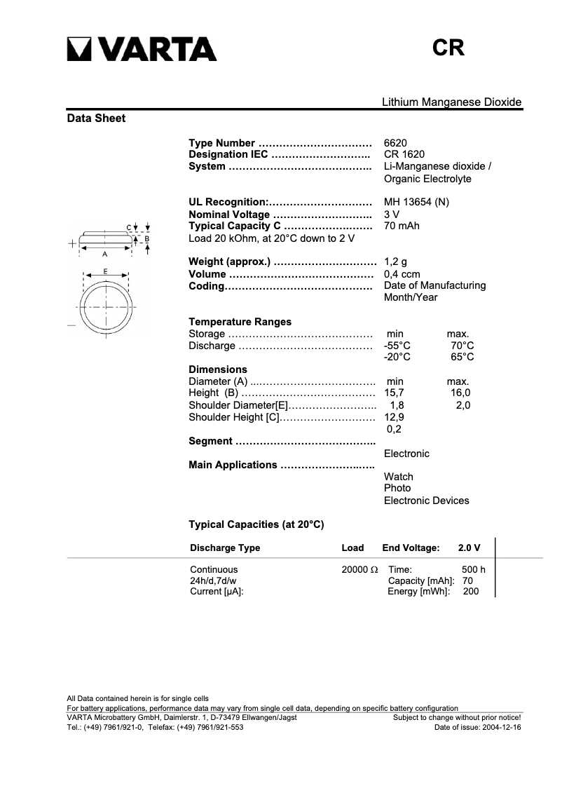 Page 1 de la notice Manuel utilisateur Varta CR 1620 Primary Lithium Button