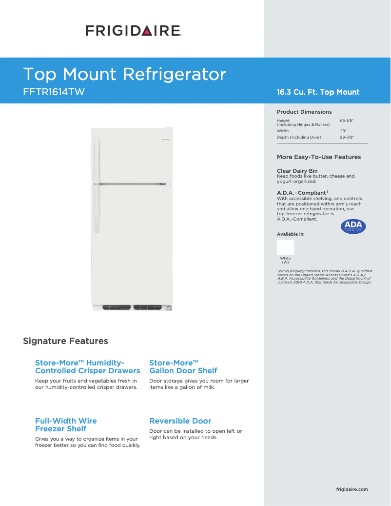 Page n°1 - Fiche technique Frigidaire FFTR1614T