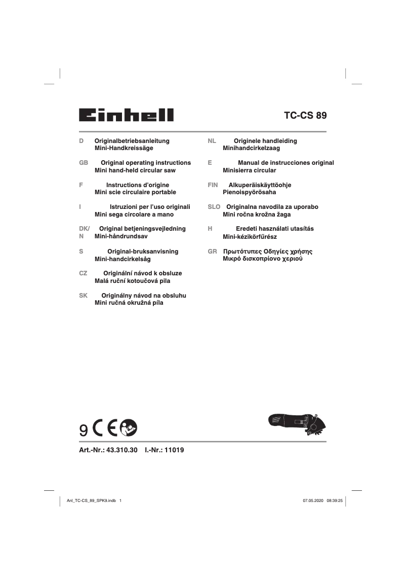 Page 1 de la notice Manuel utilisateur Einhell TC-CS 89