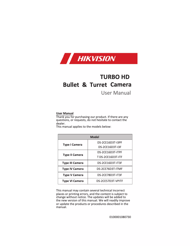 Page 1 de la notice Manuel utilisateur Hikvision DS-2CE16D3T-IT3F