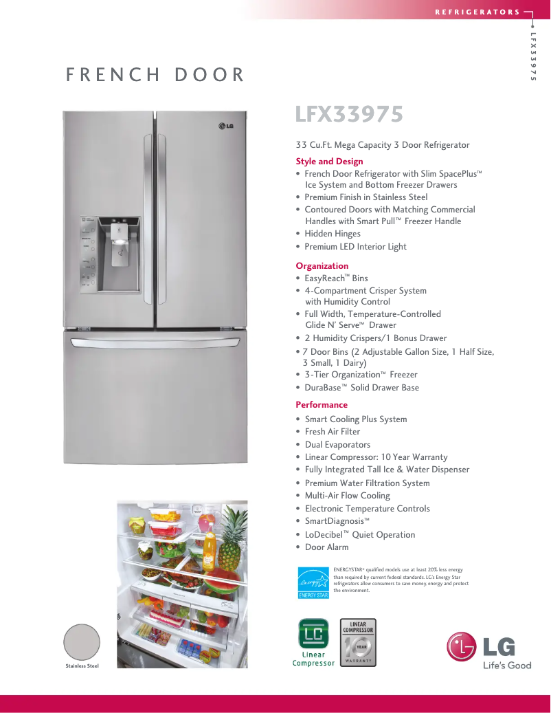 Page 1 de la notice Fiche technique LG LFX33975ST