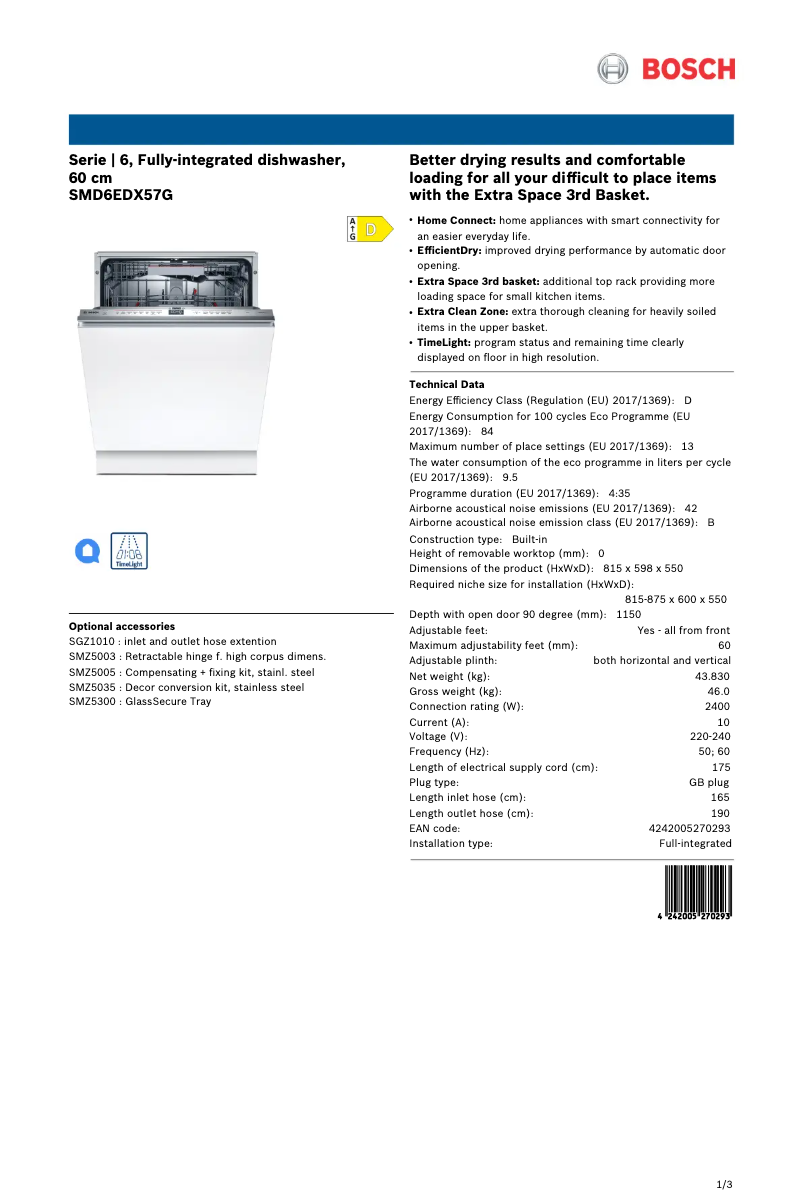 Page n°1 - Fiche technique Bosch SMD6EDX57G