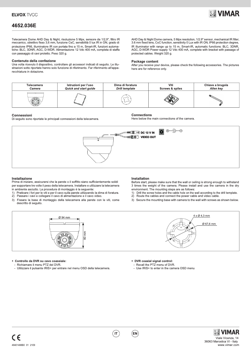Page 1 de la notice Manuel utilisateur Vimar ELVOX 4652.036E