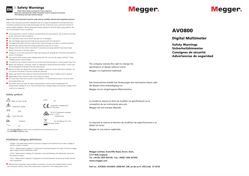 Page 1 de la notice Instructions de sécurité Megger AVO830