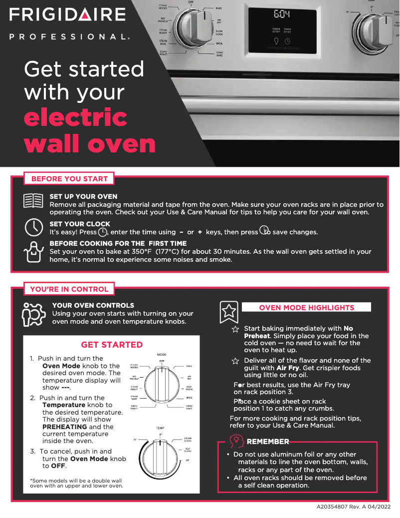 Page 1 de la notice Guide de démarrage rapide Frigidaire PCWS3080AF