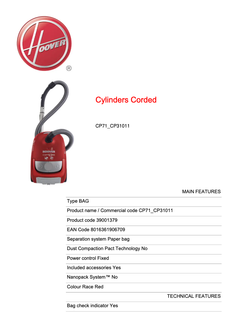 Página 1 del manual Ficha técnica Hoover CP71_CP31011