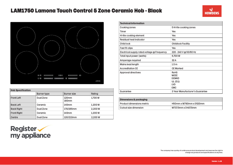 Page n°1 - Fiche technique Lamona LAM1750