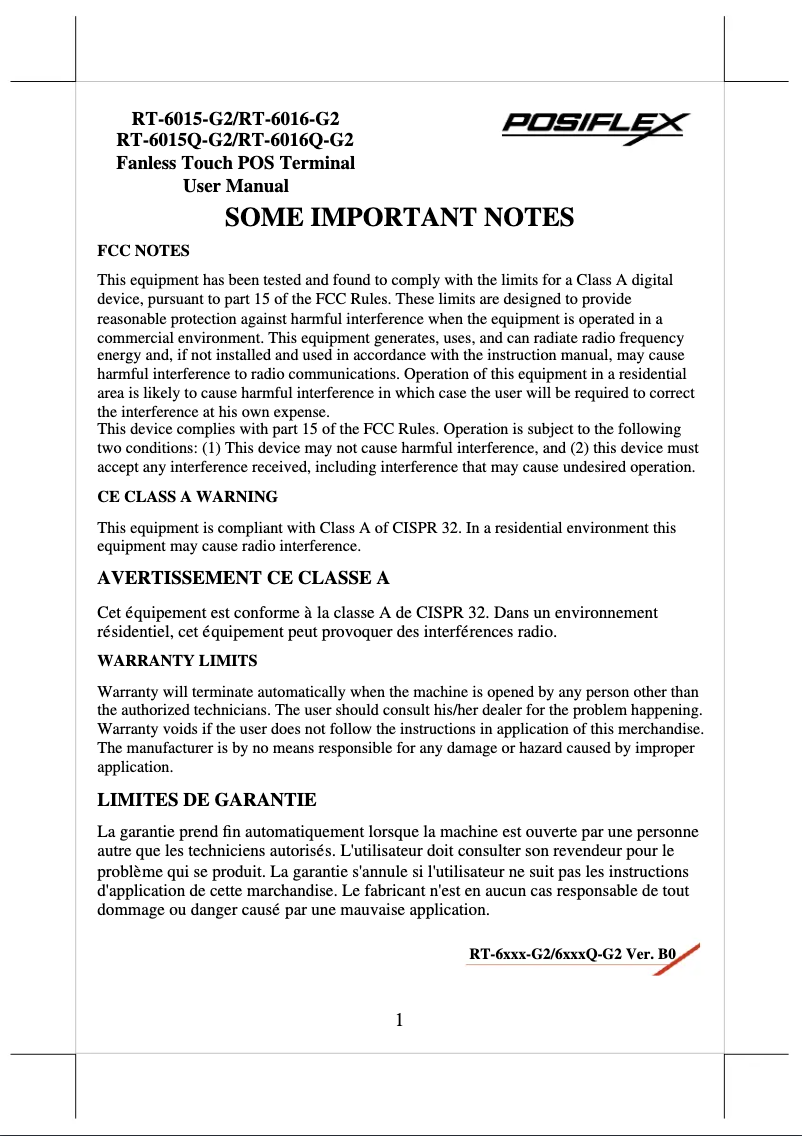 Page 1 de la notice Manuel utilisateur Posiflex RT-6015Q-G2