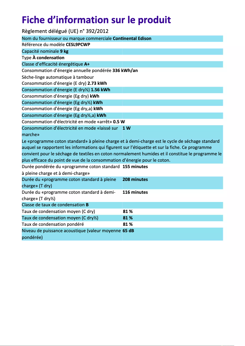 Page 1 de la notice Label énergétique Continental Edison CESL9PCWP